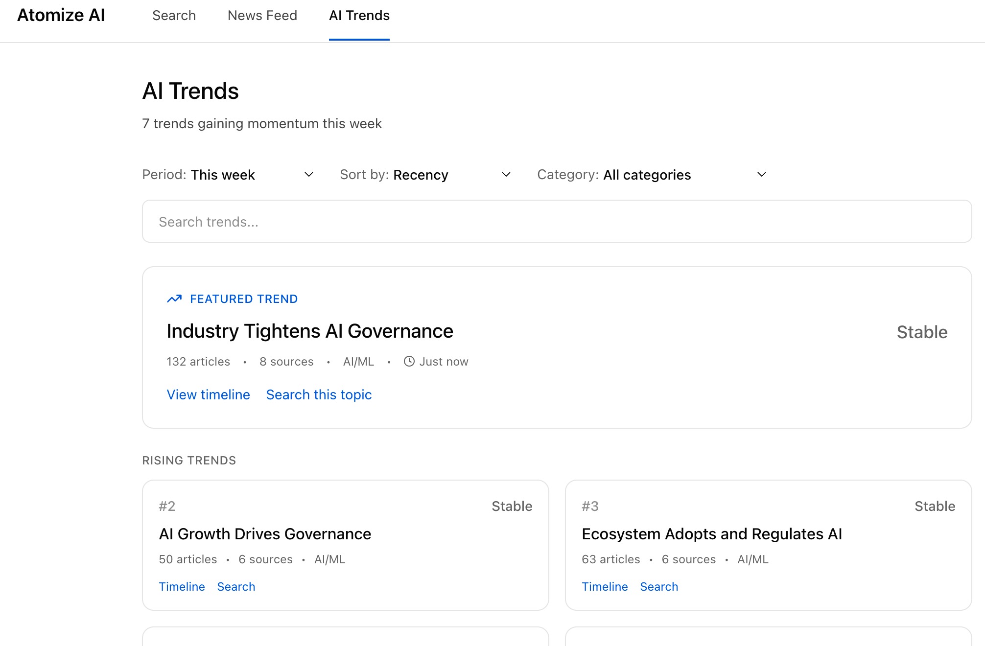 AI Trends view showing featured trend with article count, source count, and rising trends cards ::border