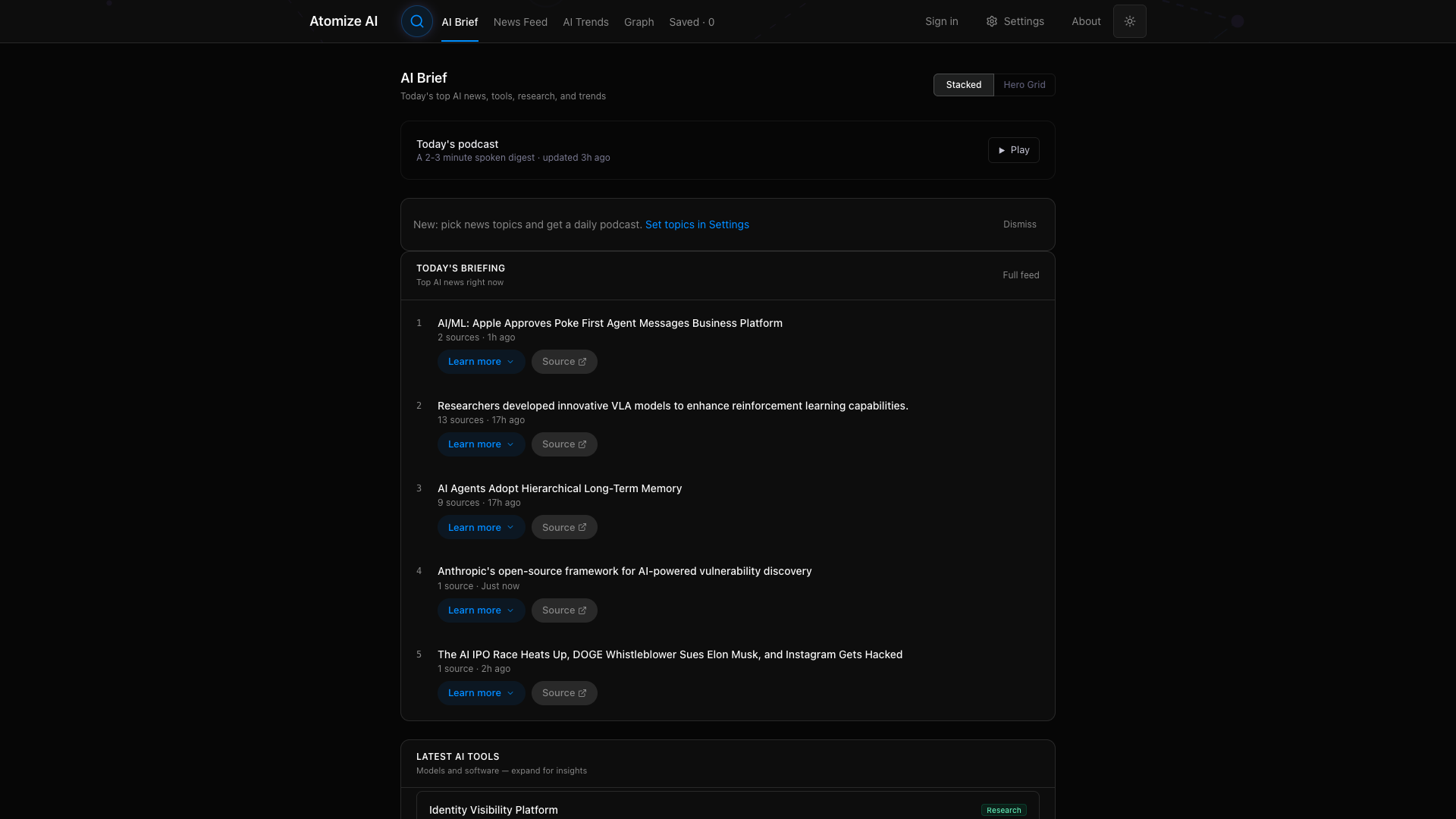 Atomize AI's AI Brief home — today's podcast digest and a ranked Today's Briefing of top AI news, each item showing its source count ::border