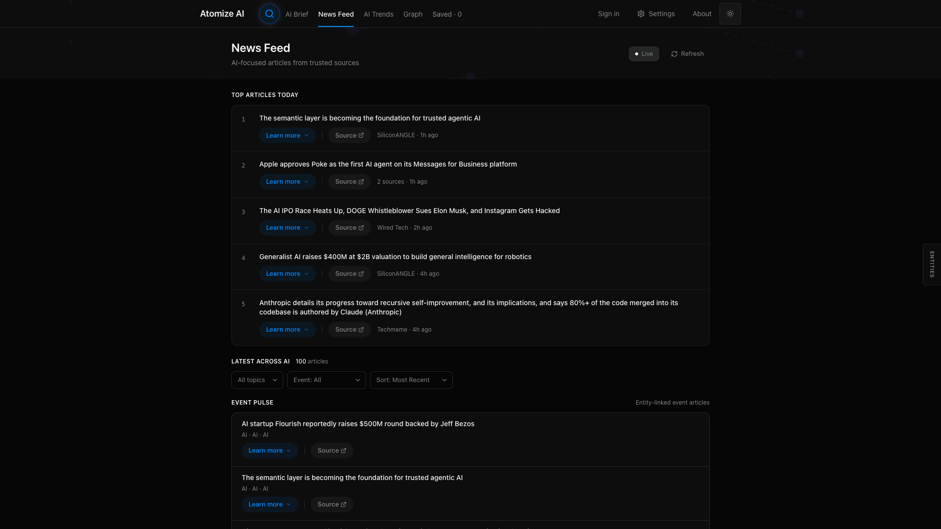 News Feed — live top AI articles with their sources and timestamps, plus an entity-linked Event Pulse ::border