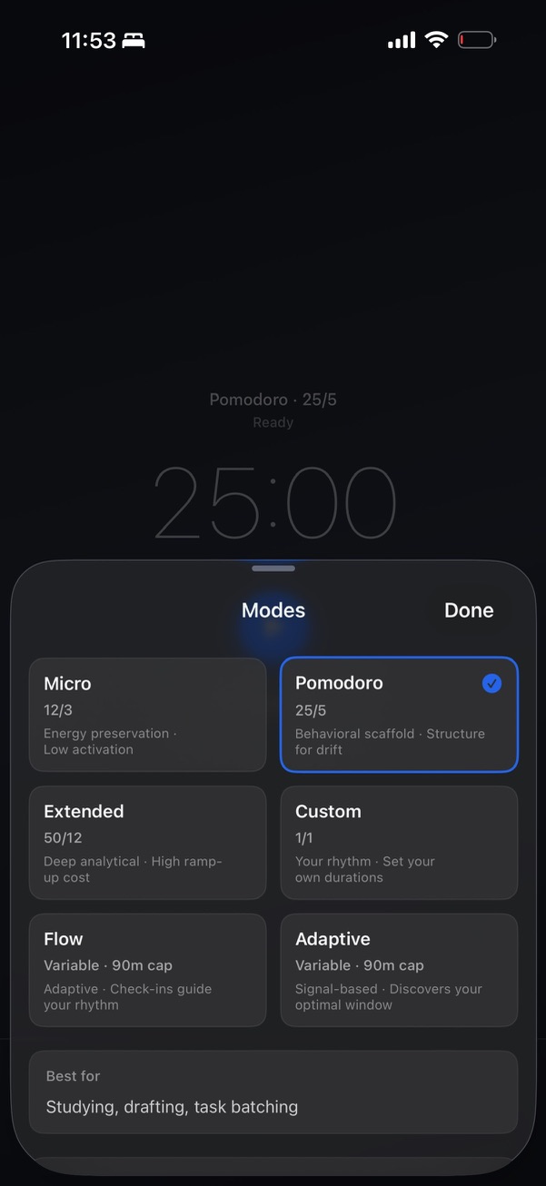 Modes sheet — six cards: Micro 12/3 (Energy preservation · Low activation), Pomodoro 25/5 selected (Behavioral scaffold · Structure for drift), Extended 50/12 (Deep analytical · High ramp-up cost), Custom 1/1, Flow (Adaptive · Check-ins guide your rhythm), Adaptive (Signal-based · Discovers your optimal window). "Best for" line beneath: Studying, drafting, task batching ::border