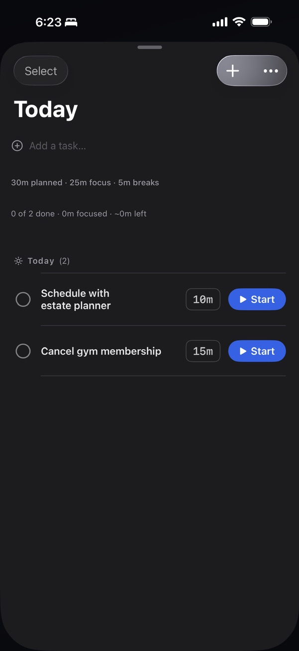 Today task sheet over the timer — "30m planned · 25m focus · 5m breaks", "0 of 2 done · 0m focused · ~0m left" headline metrics, two tasks (Schedule with estate planner 10m, Cancel gym membership 15m) each with its own Start button ::border