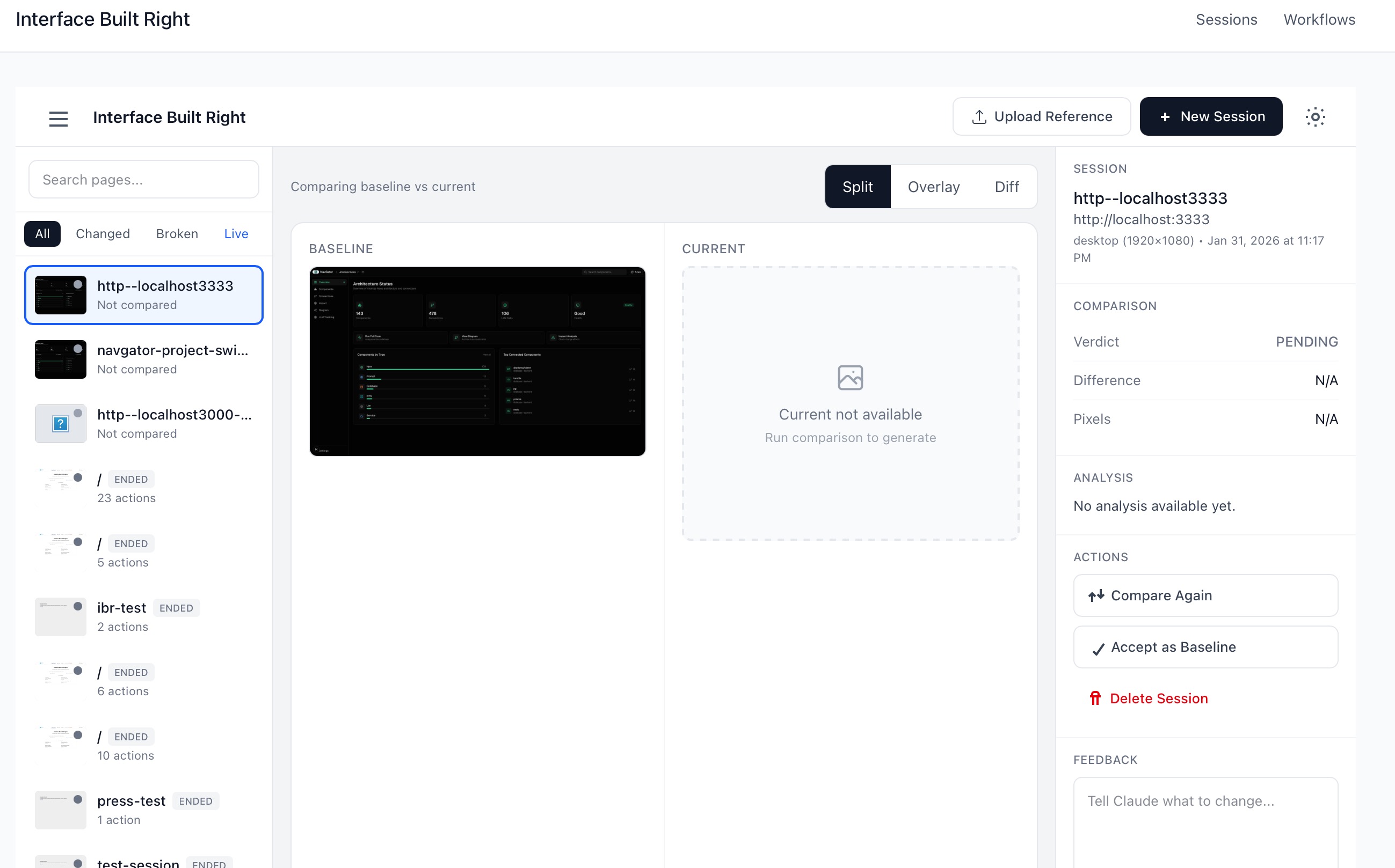 Interface Built Right session comparison view with baseline screenshot, current state placeholder, verdict panel, and session list sidebar ::border