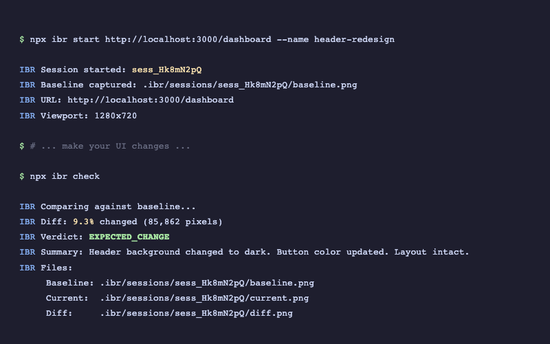 IBR terminal output showing baseline capture, comparison, and verdict