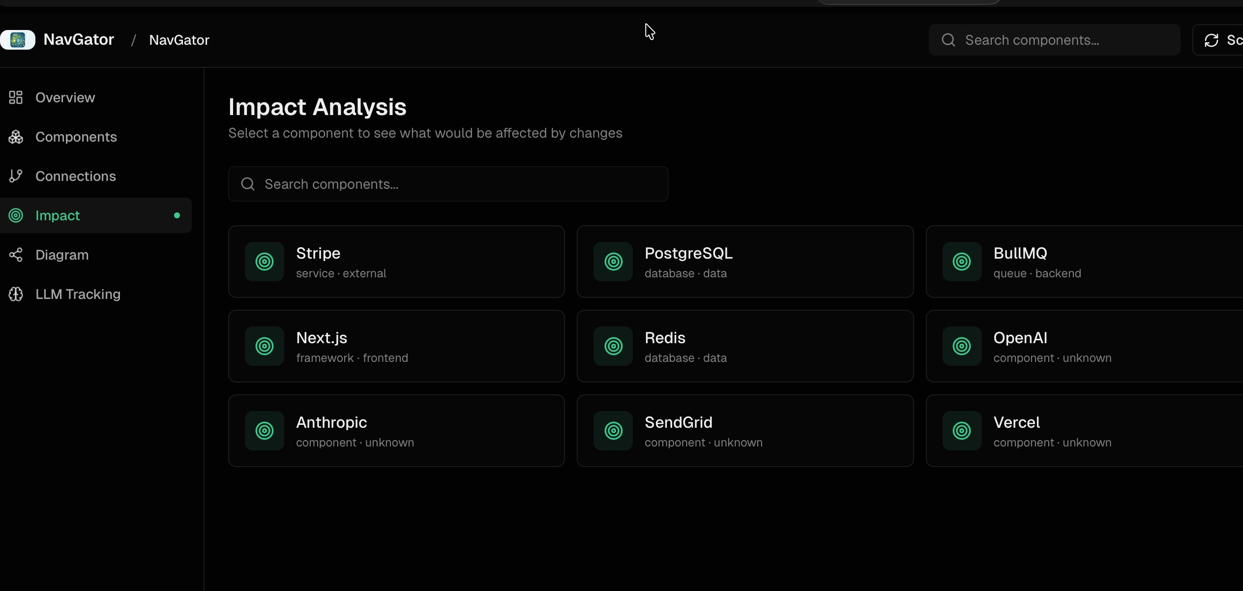 Impact analysis view with component cards for selecting what to analyze