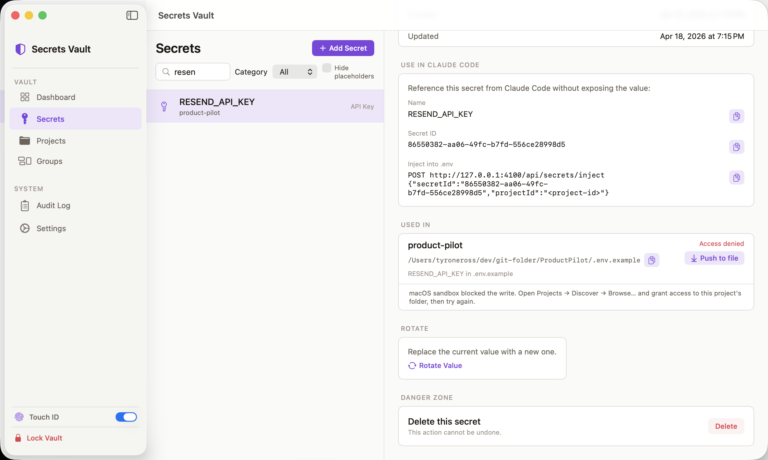 Secrets Vault unlocked — secrets list with search, detail pane showing "USE IN CLAUDE CODE" reference card. The secret ID and inject endpoint are visible; the value itself never appears anywhere in the UI or the API responses an agent receives ::border