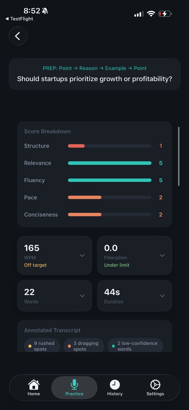 Score Breakdown panel — five horizontal bars (Structure 1 red, Relevance 5 green, Fluency 5 green, Pace 2 amber, Conciseness 2 amber). Below, four metric cards: 165 WPM (Off target — amber), 0.0 Fillers/min (Under limit — green), 22 Words, 44s Duration. Below that, the Annotated Transcript header with chips: 9 rushed spots, 3 dragging spots, 2 low-confidence words. TestFlight indicator visible top-left ::border